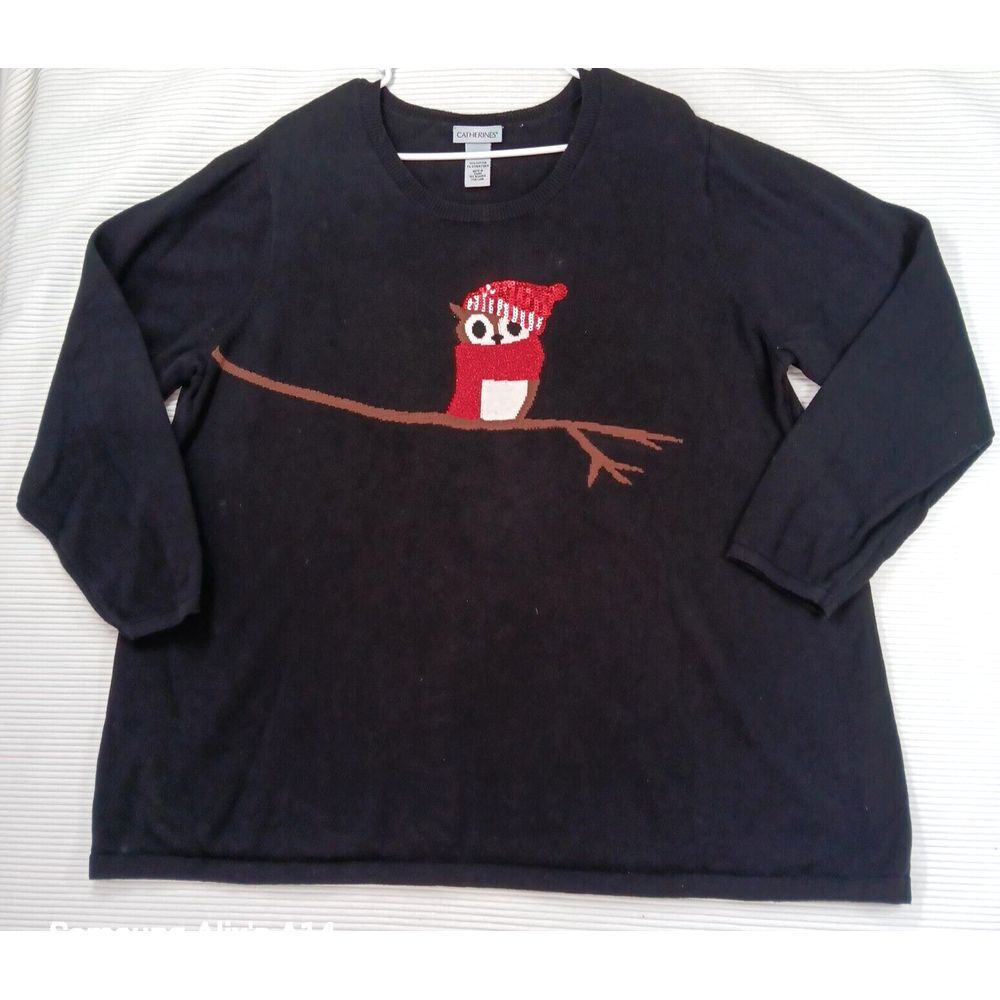 Catherines Womens Sweater‎ 2X Black Owl Embroidered Sequin Holiday Winter Casual